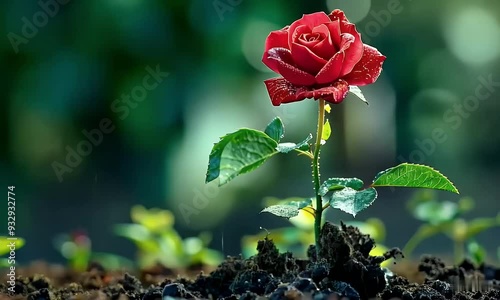 Red rose flower growing in the soil, with a green forest in a natural environment