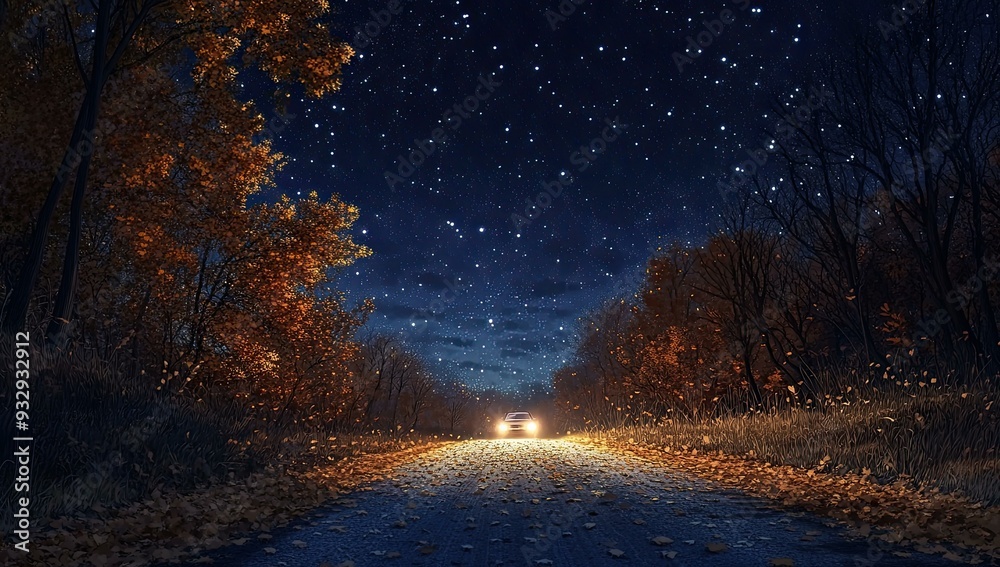 Night road through forest with starry sky. Night road through forest with starry sky.