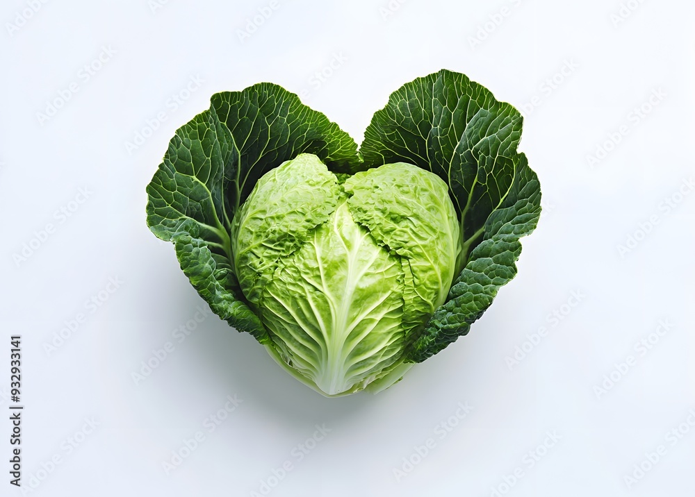 Obraz premium A fresh and vibrant green cabbage with its distinctive heart shape is displayed against the pure white background 