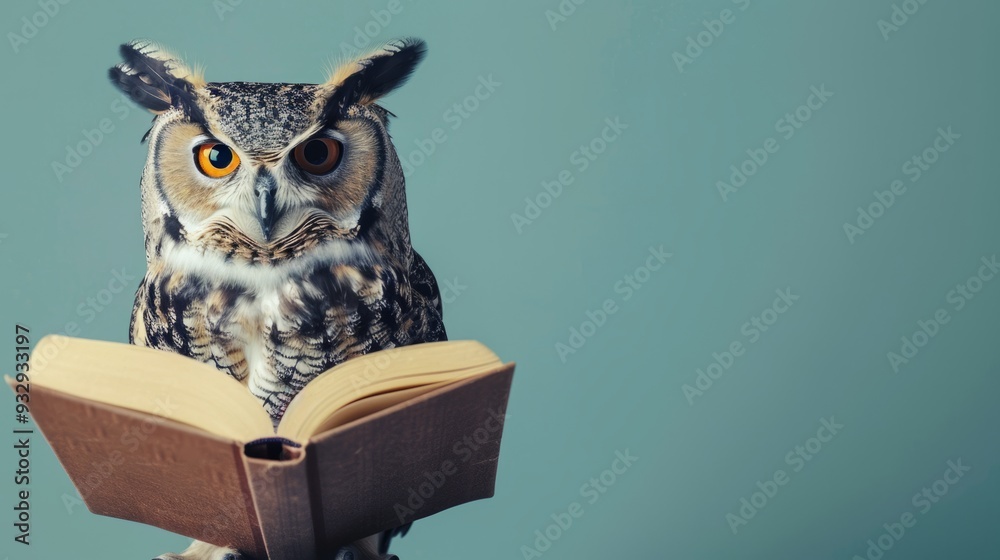 custom made wallpaper toronto digitalWisdom and education concept image with a wise owl reading a book on blue background with copy space
