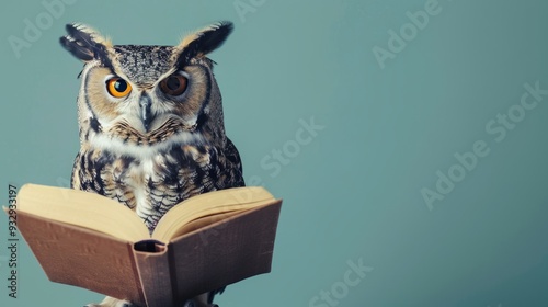 Wallpaper Mural Wisdom and education concept image with a wise owl reading a book on blue background with copy space Torontodigital.ca