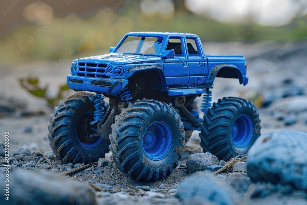 Toy monster truck with large blue wheels designed for off road use Toy monster truck with large blue wheels designed for off road use