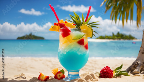 It's a tropical drink with blue liquid, pineapple, lime, and strawberry pieces in a tall glass, with a beach scene behind it.

