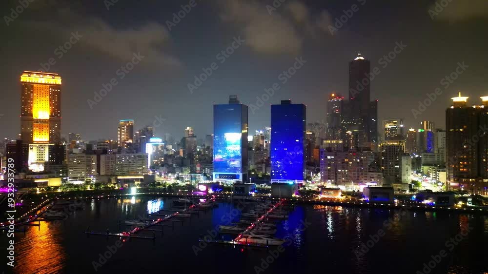 Kaohsiung Love River at Night and Music Center with City Skyline Aerial View Kaohsiung Love River at Night and Music Center with City Skyline Aerial View