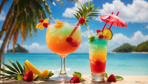 It's a tropical drink with blue liquid, pineapple, lime, and strawberry pieces in a tall glass, with a beach scene behind it.

