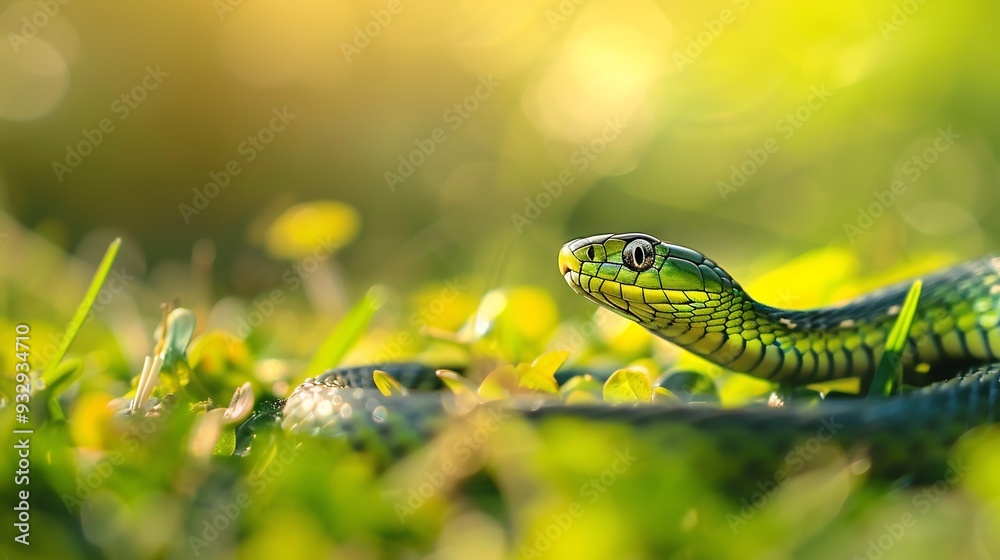 Fototapeta premium Green Snake in a Lush Meadow
