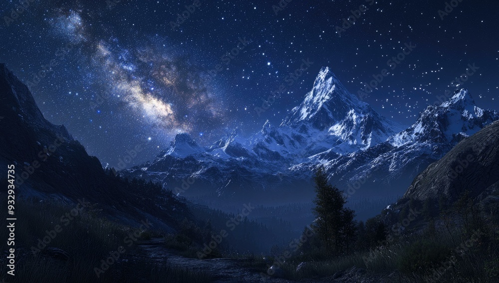 Snowy mountain range under starry sky. Snowy mountain range under starry sky.