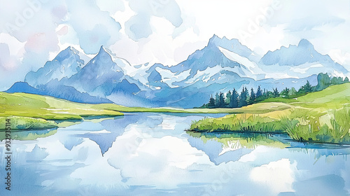 Swiss Alps, glacierfed lake, towering peaks, serene reflection, Watercolor style photo