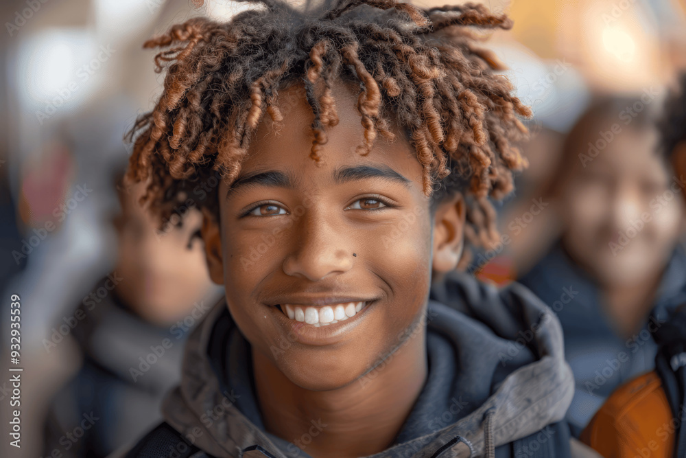 Smiling Young Boy With Curly Hair Wearing Hoodie Close Up Smiling Young Boy With Curly Hair Wearing Hoodie Close Up