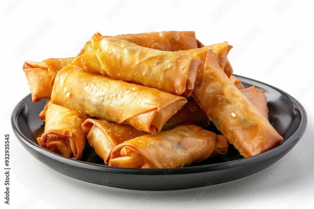 Traditional Chinese spring rolls on beautiful ceramic plate on white background