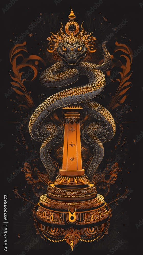 Obraz premium Abstract Nag Panchami Illustration: Cobra and Lingam in Minimalist Design. AI-Generated Artistic Concept for Year of the Snake. Elegant Gradient Texture with Copy Space for Cultural Marketing, UI, and