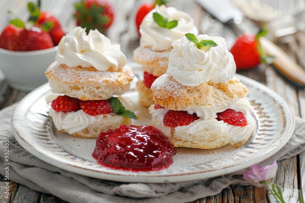 Traditional English pastries with cream and jam Traditional English pastries with cream and jam