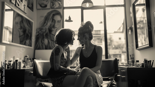 This captivating black and white image beautifully captures the essence of two women sharing a tender and intimate moment in a vibrant beauty salon that is filled with artistry and style