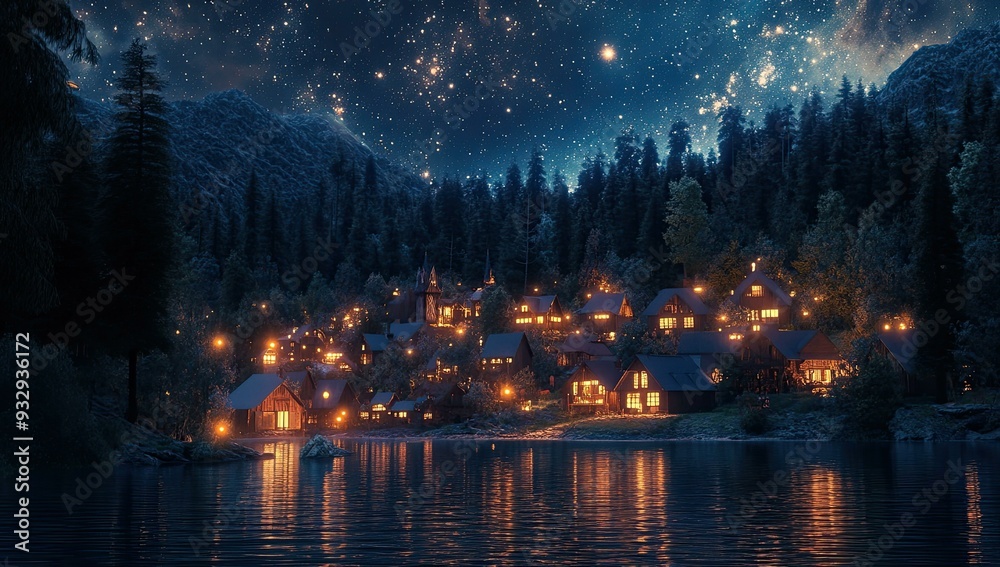 Nighttime forest village by a lake under a starry sky. Nighttime forest village by a lake under a starry sky.