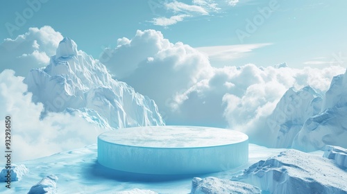 Ice podium background snow winter product platform cold mountain 3D. Podium ice display background cosmetic sky floor blue scene landscape frozen white cool stand pedestal minimal rock glacier nature