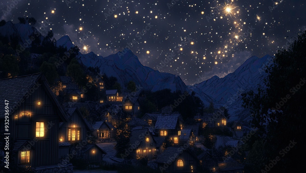 Fototapeta premium A village nestled in the mountains under a starry sky.