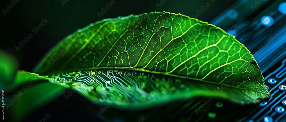 Leaf with vibrant green veins, with circuit board patterns against a dark background, symbolizing the intersection of nature and technology in a sustainable future Leaf with vibrant green veins, with circuit board patterns against a dark background, symbolizing the intersection of nature and technology in a sustainable future