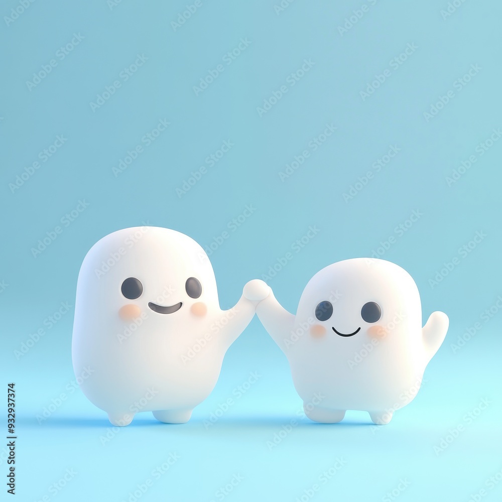 Cute Cartoon Ghost Friends Holding Hands on a Blue Background.