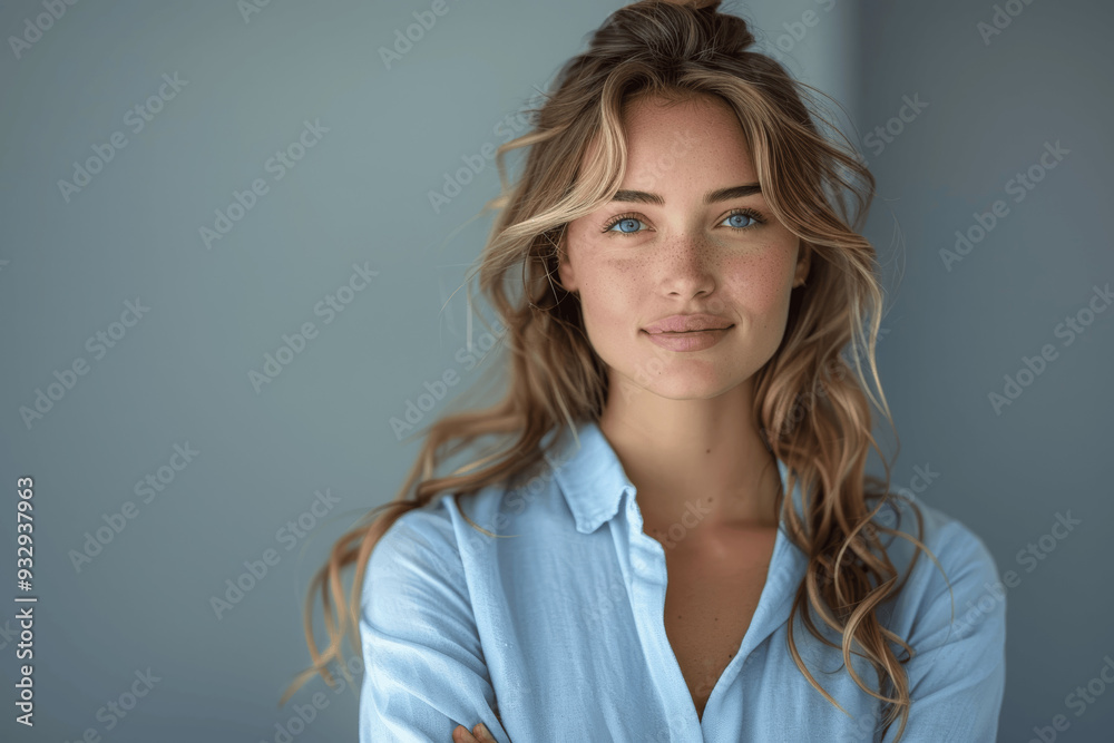 Young Woman With Blonde Hair And Blue Eyes Wearing Light Blue Shirt Confidently Looking At Camera Young Woman With Blonde Hair And Blue Eyes Wearing Light Blue Shirt Confidently Looking At Camera