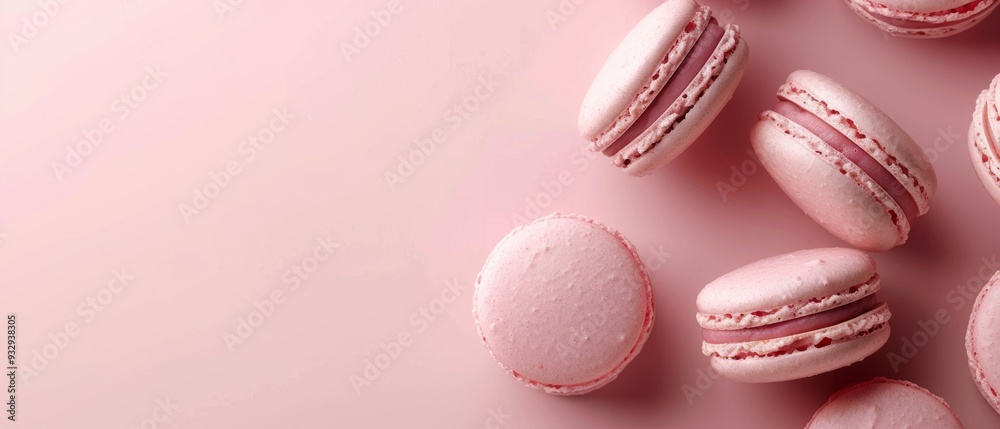 Fototapeta premium Pastel macaron on light pink background or dessert cake macaron, Top view