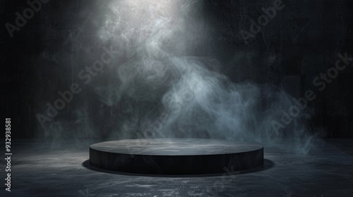 Podium black dark smoke background product platform abstract stage texture fog spotlight. Dark black floor podium dramatic empty night room table concrete wall scene place display studio smoky dust