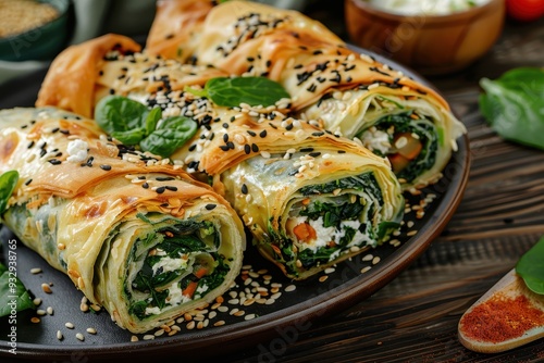 Traditional Turkish pastry spanakli Börek spinach pastry in roll form with phyllo dough sesame seeds and feta cheese photo