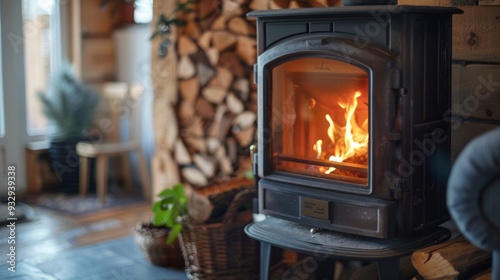 Room with a pellet and wood stove for heating. Concept Pellet Stove, Wood Stove, Room Heating, Cozy Environment