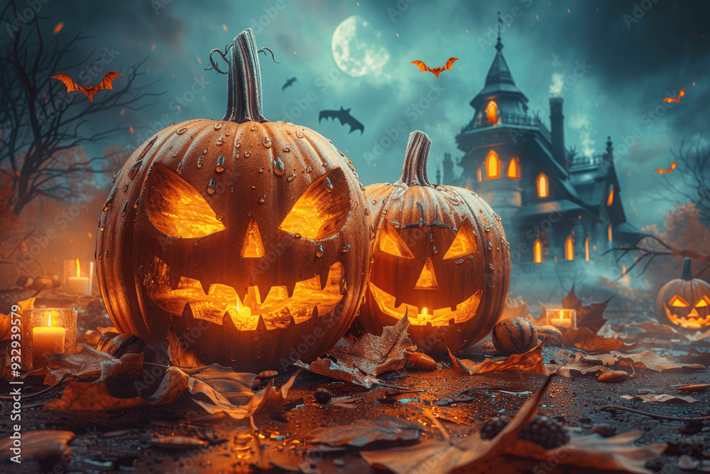 Naklejka premium Halloween Night With Jack-O'-Lanterns And Haunted House Under Full Moon