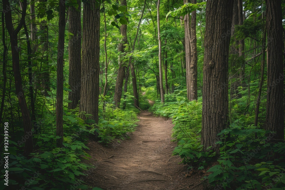 Trail through lush green woods inviting outdoor adventure among towering trees Trail through lush green woods inviting outdoor adventure among towering trees