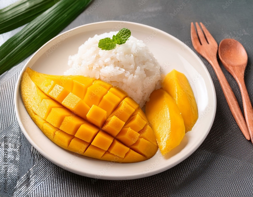 Mango sticky rice in a white plate, mango sticky rice with coconut milk Mango sticky rice in a white plate, mango sticky rice with coconut milk