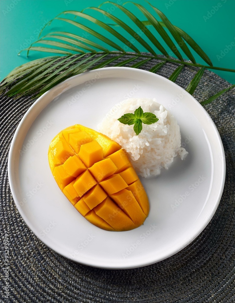 Mango sticky rice in a white plate, mango sticky rice with coconut milk Mango sticky rice in a white plate, mango sticky rice with coconut milk