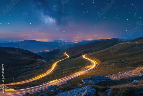 Transalpina road winding under starry night sky with traffic trails photo