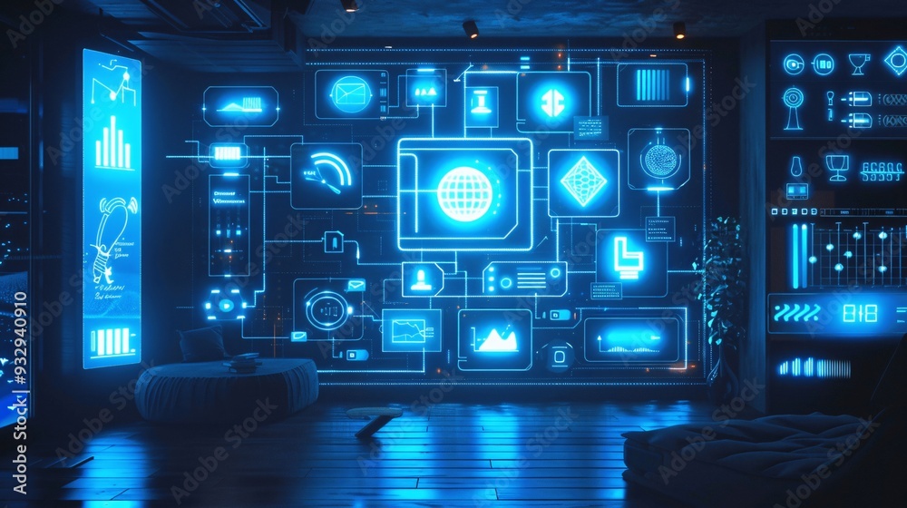 Cutting-Edge Home Automation: Glowing Smart Devices and Sleek Control Panels for Tech Enthusiasts. Cutting-Edge Home Automation: Glowing Smart Devices and Sleek Control Panels for Tech Enthusiasts.