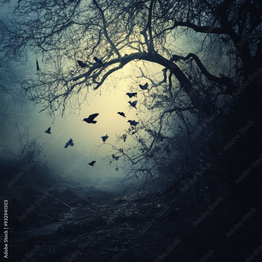 A flock of birds flies through a misty forest, silhouetted against a bright sky. A flock of birds flies through a misty forest, silhouetted against a bright sky.