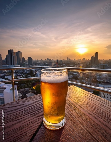 luxurious rooftop bar with refreshing beer glass bangkok skyline at sunset lifestyle photo