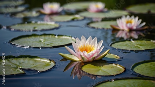 Close-up view of water lily in calm pond 