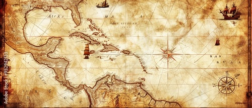 Vintage map of the Caribbean Sea on worn parchment, featuring ships, islands, land, wind rose, and cardinal points, with a fantasy world design