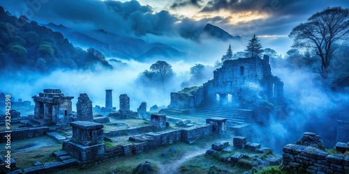 Dreary mystical morning lapis lazuli fog surrounding ancient ruins