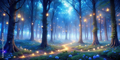 Ethereal whimsical lapis lazuli misty forest with twinkling fairy lights photo