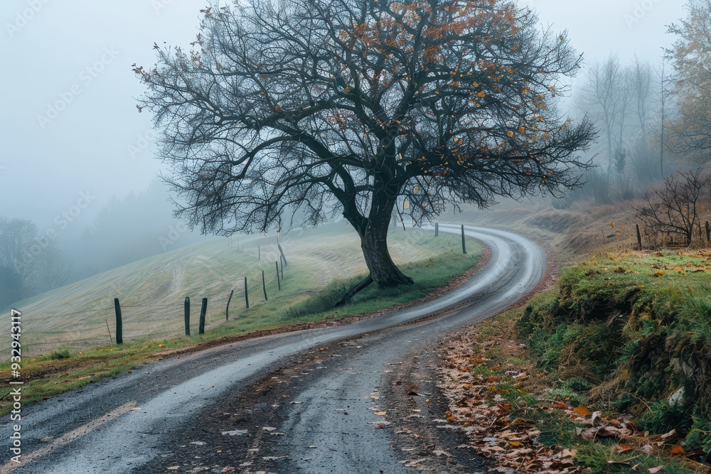 Tree lined foggy road with bend Tree lined foggy road with bend