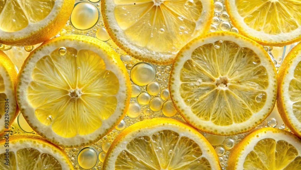 Vibrant Yellow Lemon Slices in Sparkling Water Overhead Perspective Vibrant Yellow Lemon Slices in Sparkling Water Overhead Perspective