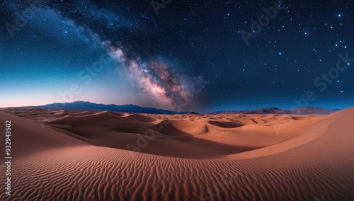 Starry night sky over desert dunes.