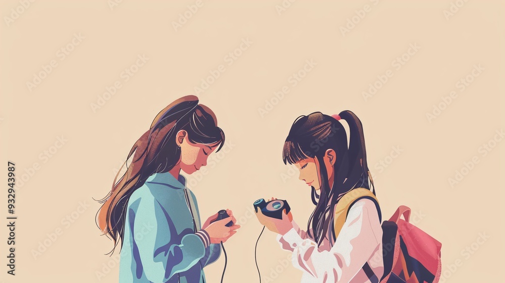 Detailed image of two girls engaging in a hobby or activity against a plain color background Detailed image of two girls engaging in a hobby or activity against a plain color background