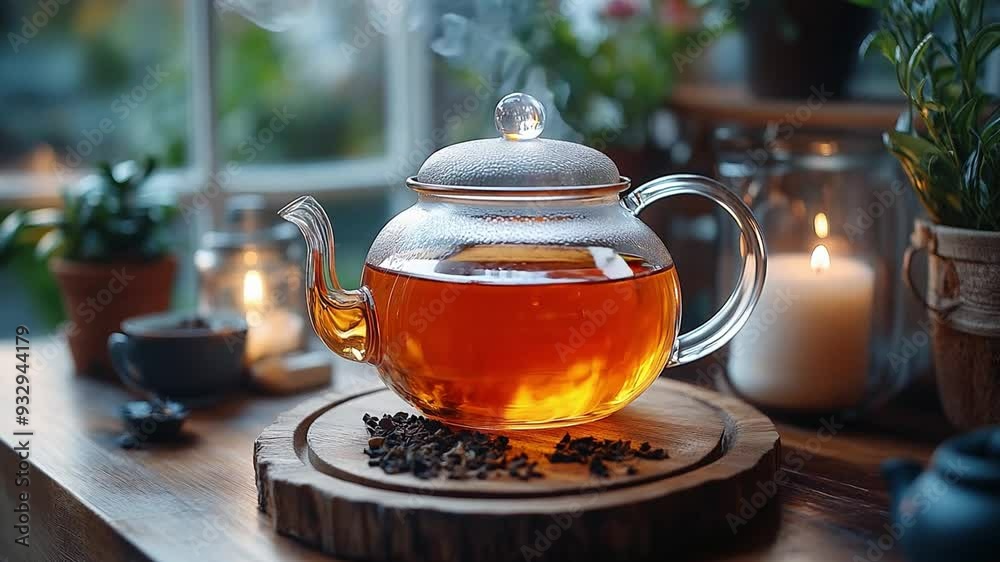 The glass teapot brews tea surrounded by plants and glowing candles at dusk.