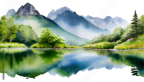 Create a watercolor scene of a serene mountain lake surrounded by lush greenery and reflecte. Generative AI. photo