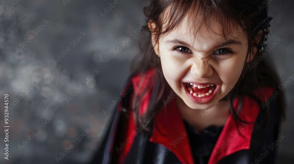 The girl, wearing a vampire cape, playfully poses with a fierce expression, embodying Halloween spirit at home The girl, wearing a vampire cape, playfully poses with a fierce expression, embodying Halloween spirit at home