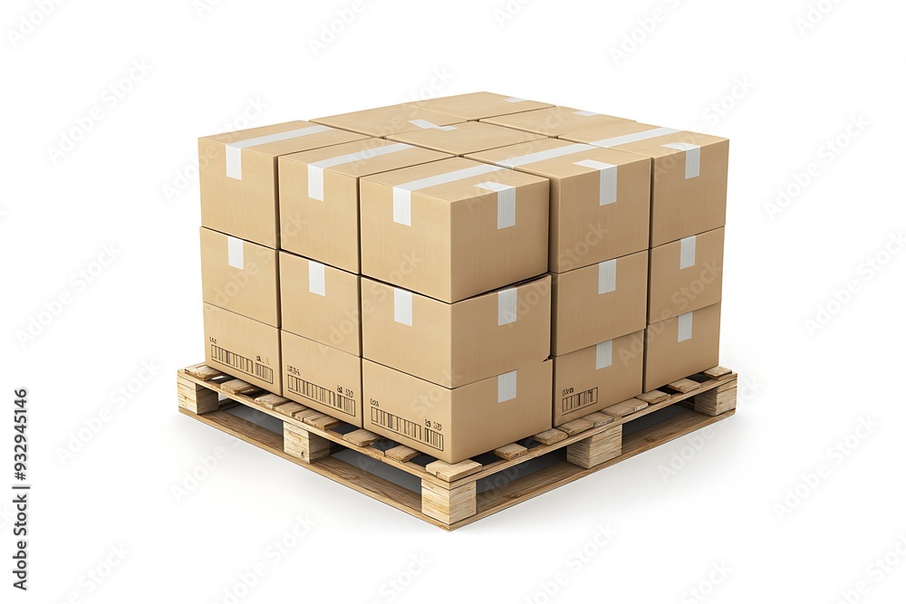 Cardboard boxes on pallet shipping on white background.
