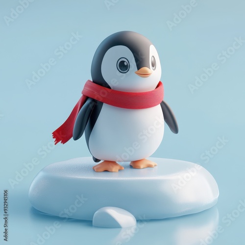 Cute Cartoon Penguin with Red Scarf Standing on Iceberg - 3D Render. photo