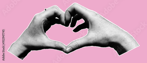 Halftone hand with heart gesture. Trendy halftone style for collages.