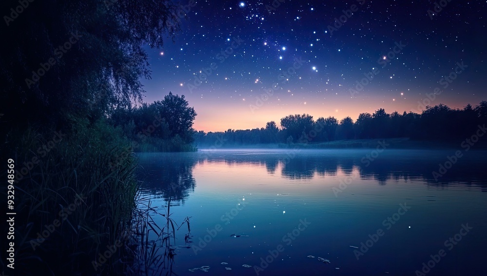 A starry sky reflected in a tranquil lake. A starry sky reflected in a tranquil lake.